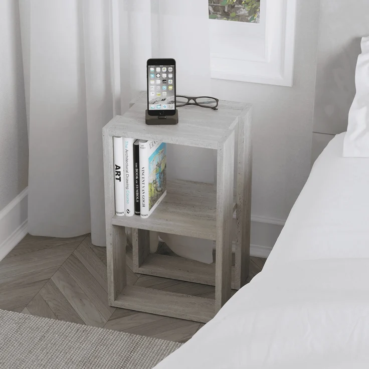 Calicosy Nachttisch mit 2 Regalböden, Travertin-Dekor H55 cm - LONIE - Beige – Bild 3