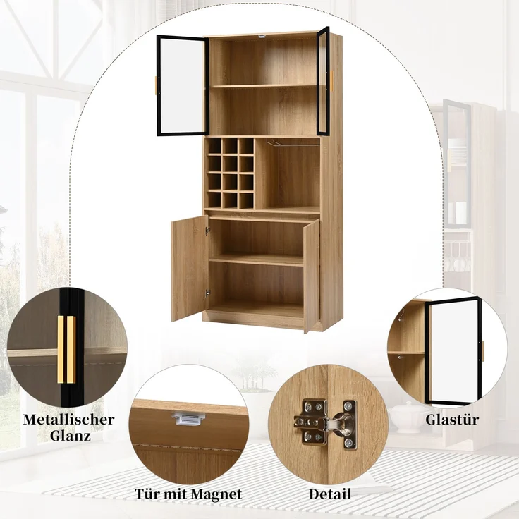 Badezimmerschrank,Spirituosenschrank,Vitrine Vitrinenschrank mit Glastüren und Beleuchtung 180 CM – Bild 5