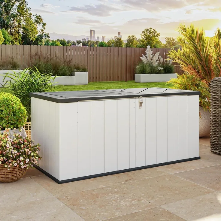 Aoxun Gartenbox aus Harz 600L,Auflagenbox Wasserdicht Außenmaße:142 x 67 x 63 cm,Wetterfest,Abschließbar,Weiß
