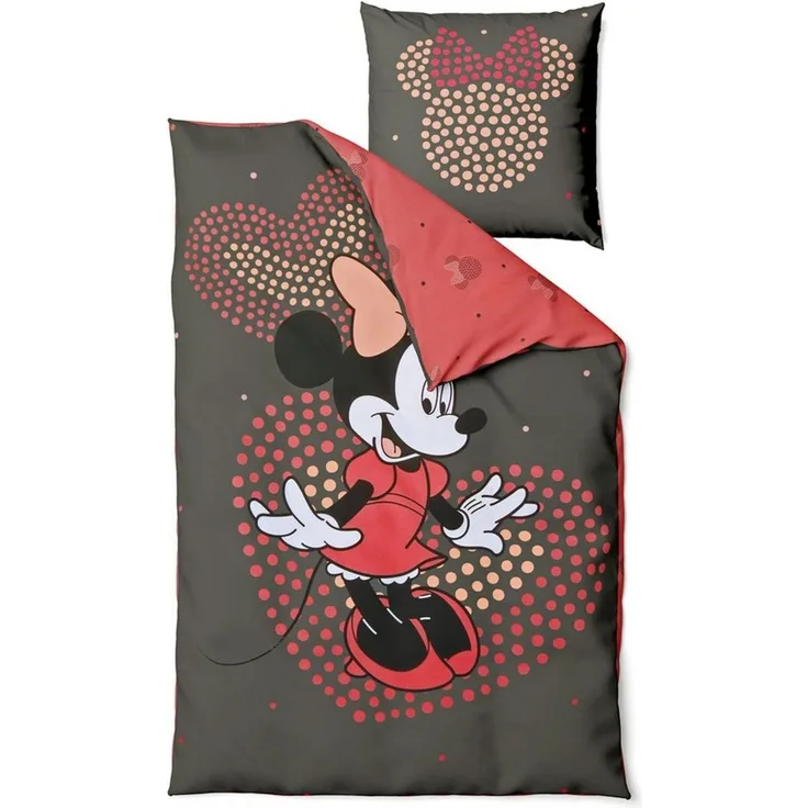 JACK Wendebettwäsche Minnie Mouse Disney Herzen 135x200cm, Renforcé, 2 teilig, süße Wendebettwäsche in Grau und Rosa