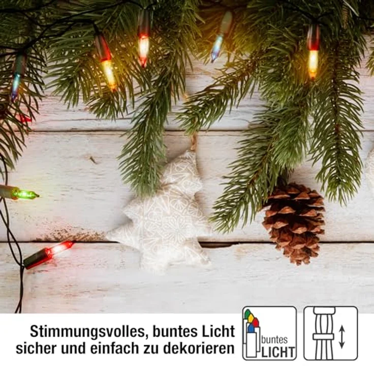 hellum Lichterkette innen mit 50 LED, mini Lichterkette bunte Lichter beleuchtete 7,35m, bunt strombetrieben mit grünem Kabel, – Bild 6