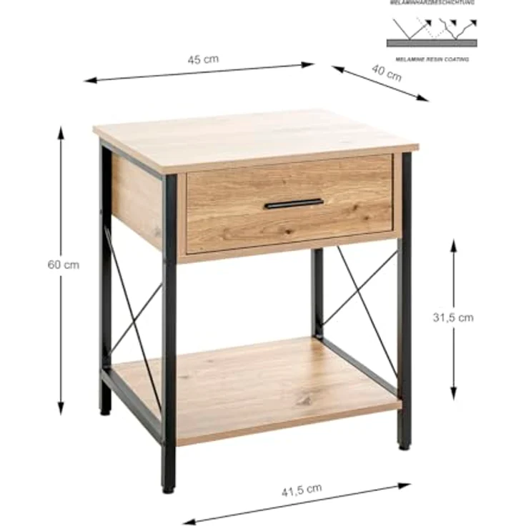 XXXL Beistelltisch, Schwarz und Eiche, Metall, mit 1 Schublade, offenes Fach, 40x60x45 cm, eckig – Bild 3