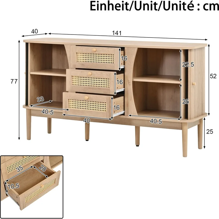 ZUBALIYA Kommode 141x40x77 cm, mit verstellbaren Einlegeböden, aus MDF, Natur – Bild 24