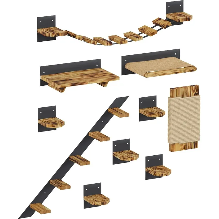 QLS Katzen-Kletterwand LOFT Wandmontage, Set Aus Metall pulverbeschichtet und Holz Geflammt 10 Teilig