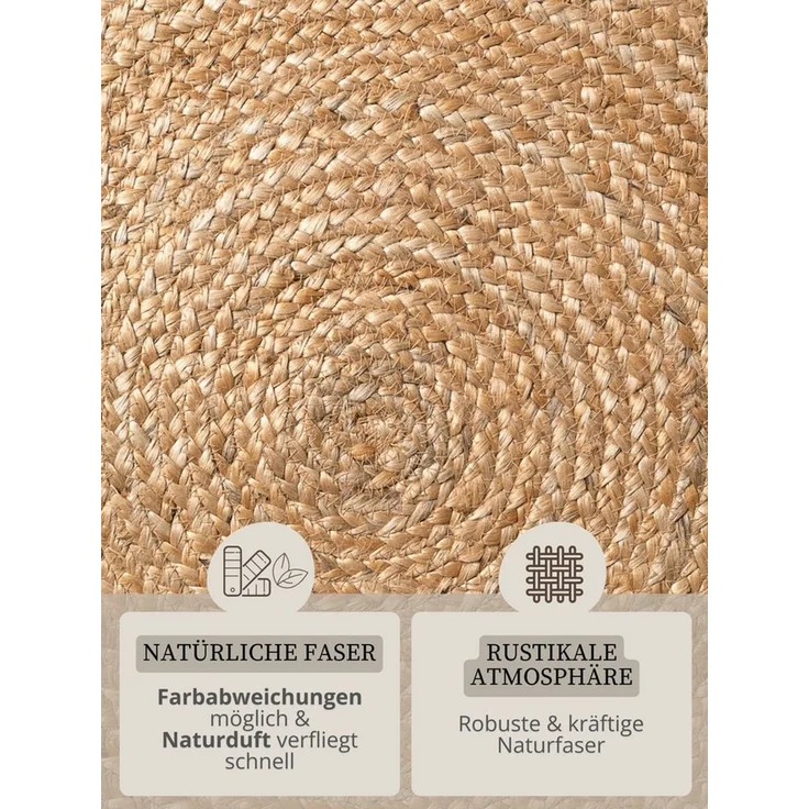 Hanse Home Nuru Juteteppich - Natur Wohnzimmereppich Rund aus 100% Jute, Handgewebt mit Fransen - Robust & Pflegeleicht - Boho Naturfaser Teppich für Wohnzimmer, Schlafzimmer - Natur Gold, Ø200cm – Bild 4