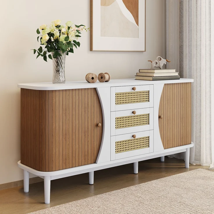 Merax Sideboard, Rattankommode, Kommode mit Schiebetüren, verstellbaren Einlegeböden, gewölbter Platte – Bild 5