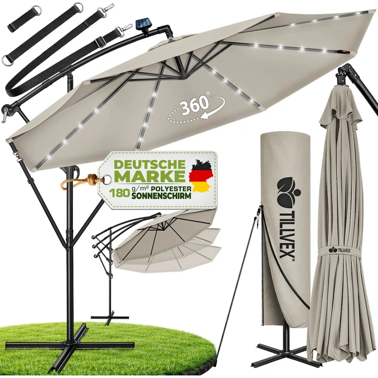 tillvex Alu Ampelschirm Taupe LED Solar Ø 300 cm mit Kurbel | Sonnenschirm mit An-/Ausschalter | Gartenschirm UV-Schutz Aluminium | Kurbelschirm mit Ständer Marktschirm wasserdicht – Bild 1