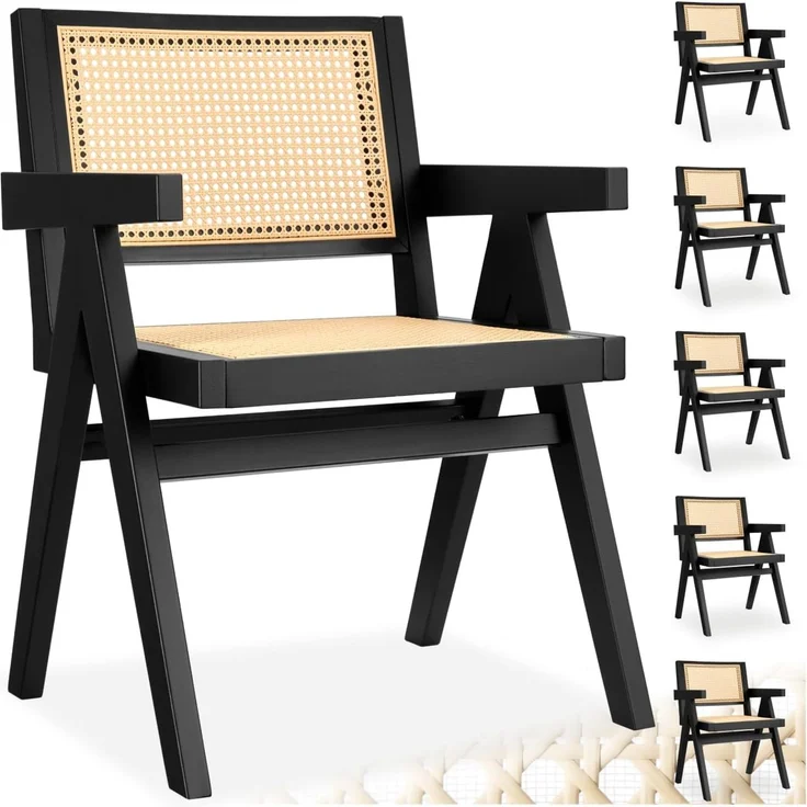 tectake Esszimmerstuhl Holzstuhl Lissy mit Wiener Geflecht im Boho-Stil (Set, 6 St), Breite Rückenlehne und bequeme Sitzfläche mit Armlehnen