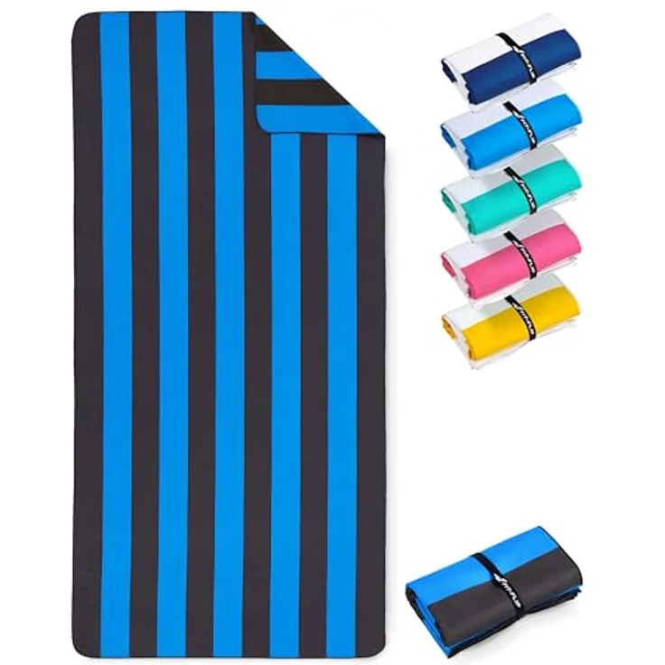 Fit-Flip XXL Strandtuch Mikrofaser, 100% recyceltes, leicht und schnelltrocknend, blau-dunkelgrau gestreift, 160x90cm – Bild 1