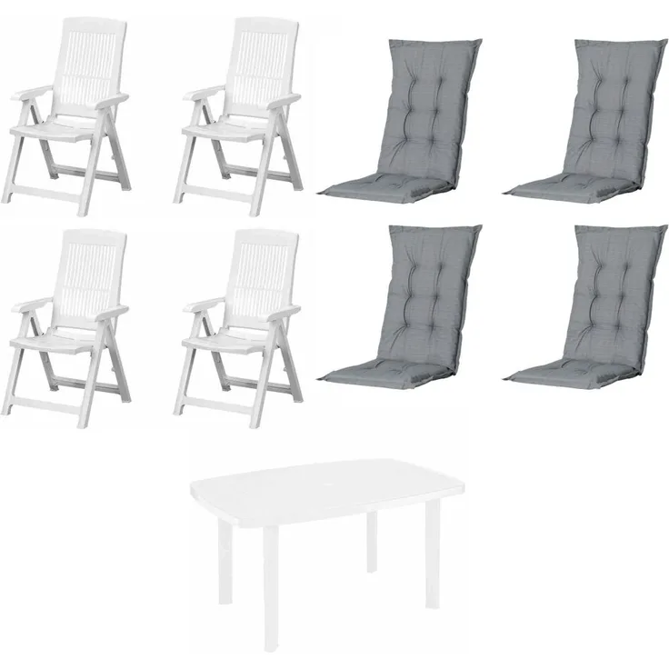 SET Tampa + Faro 4 x Klappsessel weiß, 1 x Tisch weiß, 4 x Auflage grau