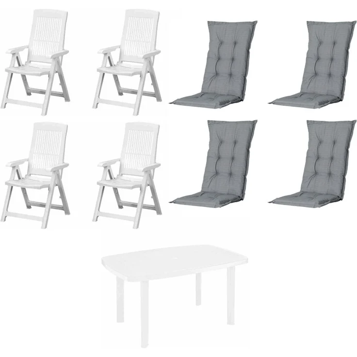 SET Tampa + Faro 4 x Klappsessel weiß, 1 x Tisch weiß, 4 x Auflage grau – Bild 1
