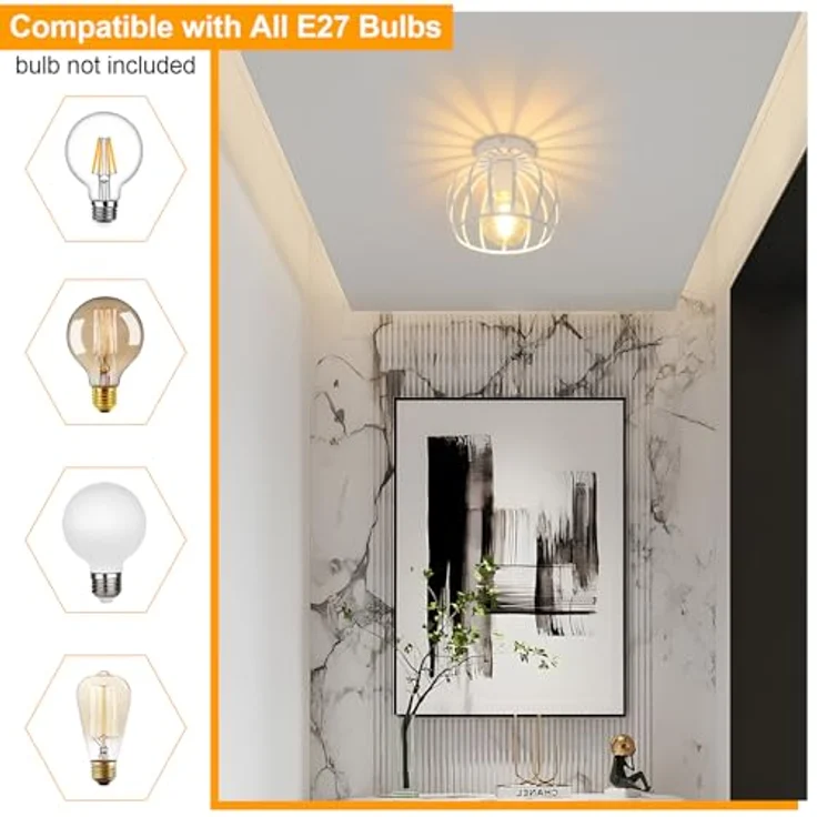 Comely Deckenleuchte Vintage, Industrial Deckenlampe Metall in Käfigform, Retro Kronleuchter E27 für Schlafzimmer, Wohnzimmer, Eingang, Flur (Weiß) – Bild 7