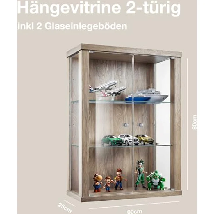 K-Möbel Hängevitrine, Sonoma Eiche, Rechteckig, Glas, 2 Fächer, 60x80x25 cm, für Wohnzimmer und Wohnwände – Bild 2