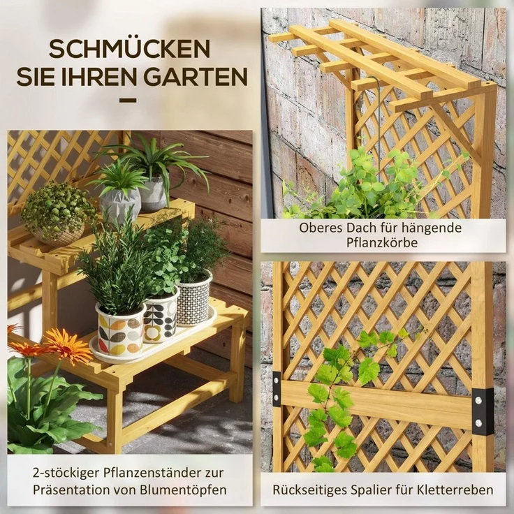 Outsunny Pflanzentreppe Pflanzenständer mit 2 Etagen, Spalier, Dach, Blumenständer (Blumenregal, 1 St, Pflanzenregal), für Garten, Balkon, Gelb – Bild 3