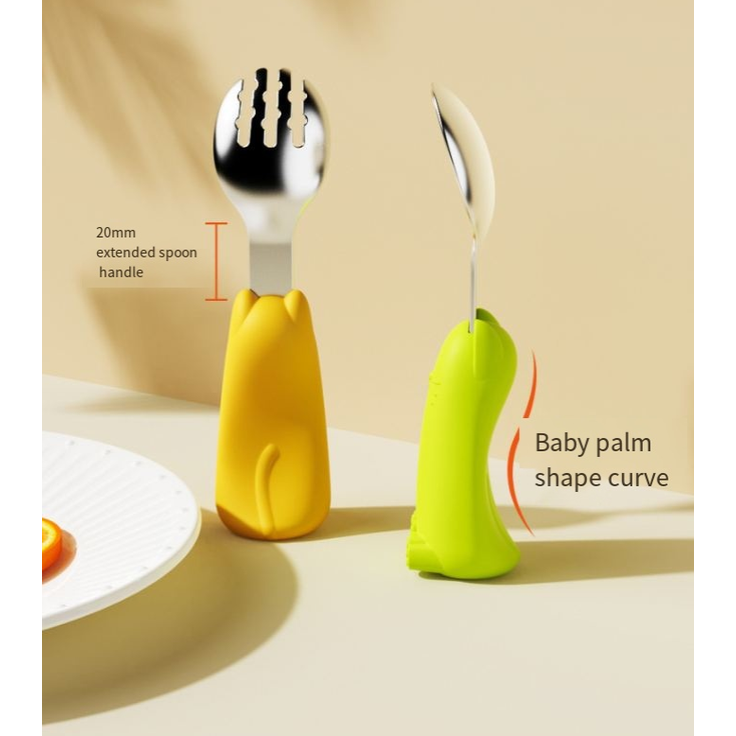 ABC 2-teiliges Edelstahl-Silikon-Löffelset für Kinder, Baby-Essgeschirr, Gabel und Löffel mit kurzem Griff für selbstständiges Essen – zweifarbig grün + gelb – Bild 3
