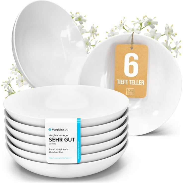 PURE LIVING INTERIOR DESIGN Geschirr-Set Crystal Suppenteller, Dinnerteller, 6er-Set, 20 cm, Weiß (6-tlg), 6 Personen, Porzellan – Bild 1