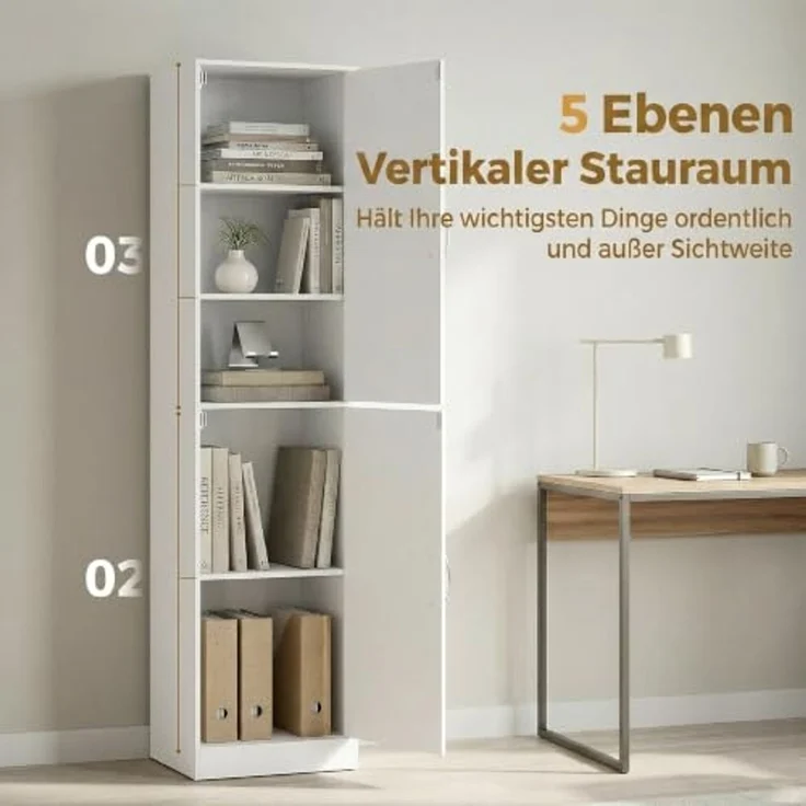 HOMCOM Bücherregal Bücherschrank, 5 Ebenen, 2 Türen, verstellbare Ablagen, Standregal 1-tlg, 40 x 35 x 180 cm für Büro, Wohnzimmer, Schlafzimmer, Weiß – Bild 4