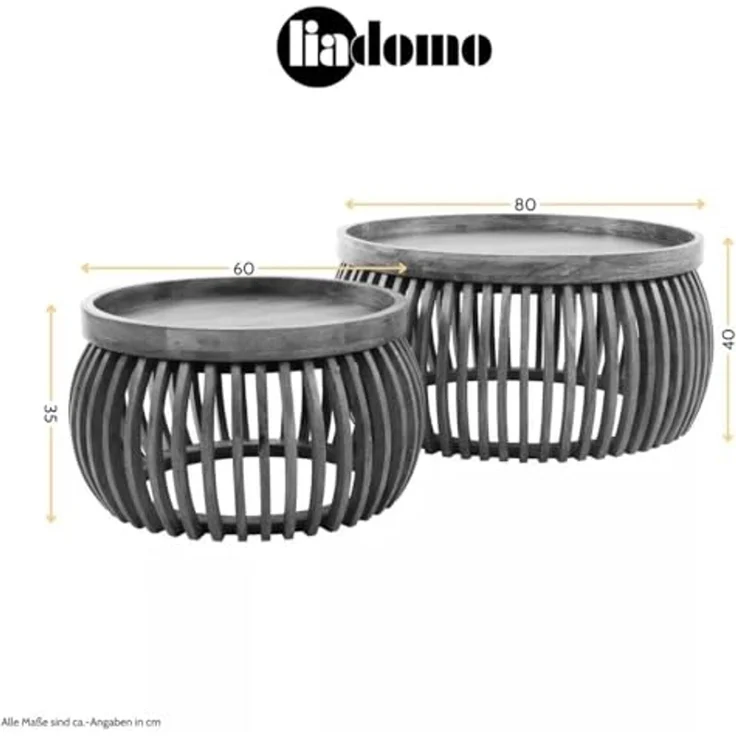 Liadomo Couchtisch Laos (2-St, 2er-Set), Mangoholz massiv, runde Platte und Form, Holzstreben – Bild 2