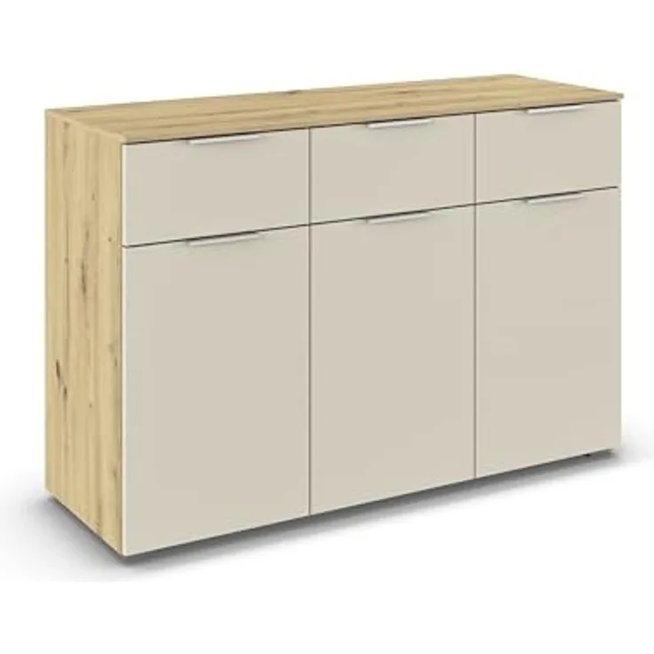 Rauch Möbel Alabama, Kommode für Schlafzimmer, Kinderzimmer, Garderobe, Flur, 3-türig, mit 3 Schubladen, Soft-Close-Fuktion, Farbe Beige/Eiche Artisan, Holz, Griff Alufarben, Maße 120 x 81 x 42 cm