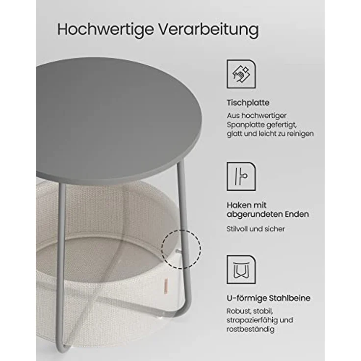 VASAGLE Beistelltisch rund, Kleiner Tisch, Couchtisch klein, Wohnzimmertisch, Korb aus Stoff, Stauraum für Wohnzimmer Schlafzimmer, Nachttisch modern, zementgrau-cremeweiß LET223G49 – Bild 8