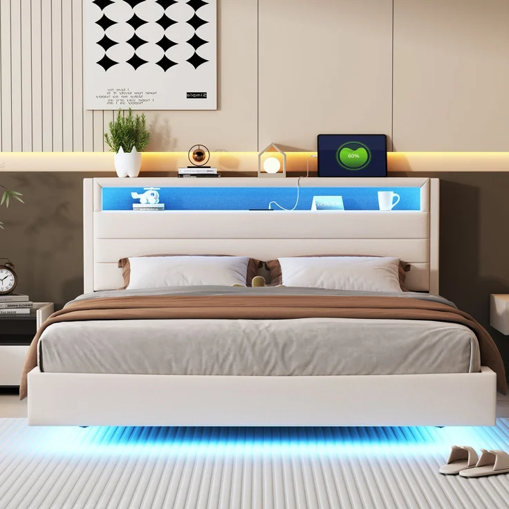 Polsterbett 160x200 cm mit USB-Steckdose und LED-Licht, wendbares Kopfteil, verdecktes Fußteil, Doppelflachbett, Jugendbett, Erwachsenenbett, Leinenstoff Beige – Bild 2