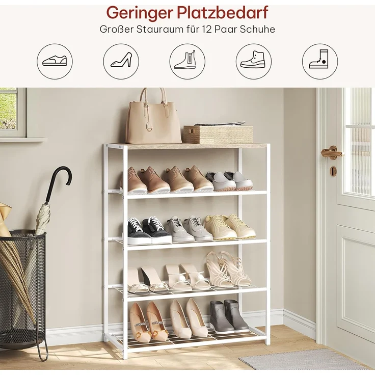 WOLTU Schuhregal mit 4 Ebenen, Schuhständer Metall, Schuhaufbewahrung platzsparend, Schuhorganizer für 12 Paar, Flur Wohnzimmer, 63 x 83 x 30 cm, weiß – Bild 4