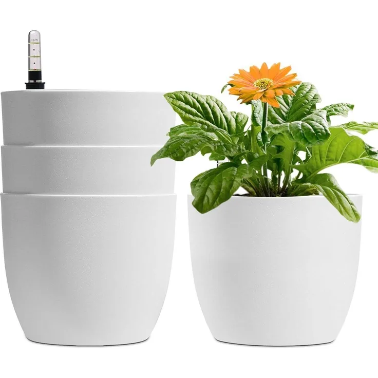 T4U 15cm Weiß Selbstwässernder Blumentopf Set 4er-Set mit Wasseranzeiger