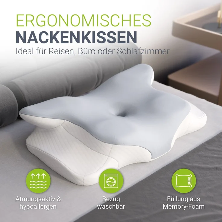 Juskys Nackenkissen 1er Set - Ergonomisches Nackenkissen mit Memory-Foam, atmungsaktivem Bezug - Kissen für den Nacken, gesunder Schlaf - weiß/grau – Bild 2