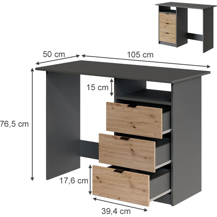 Schreibtisch Meiko Anthrazit/Artisan 105 x 50 cm mit Schubladen Vicco – Bild 2