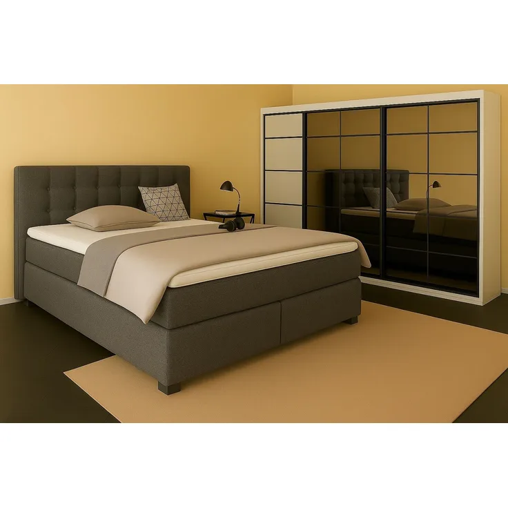 Boxspringbett TOM-OM 180x200 cm mit gepolstertem Kopfteil. Farbe: Grau