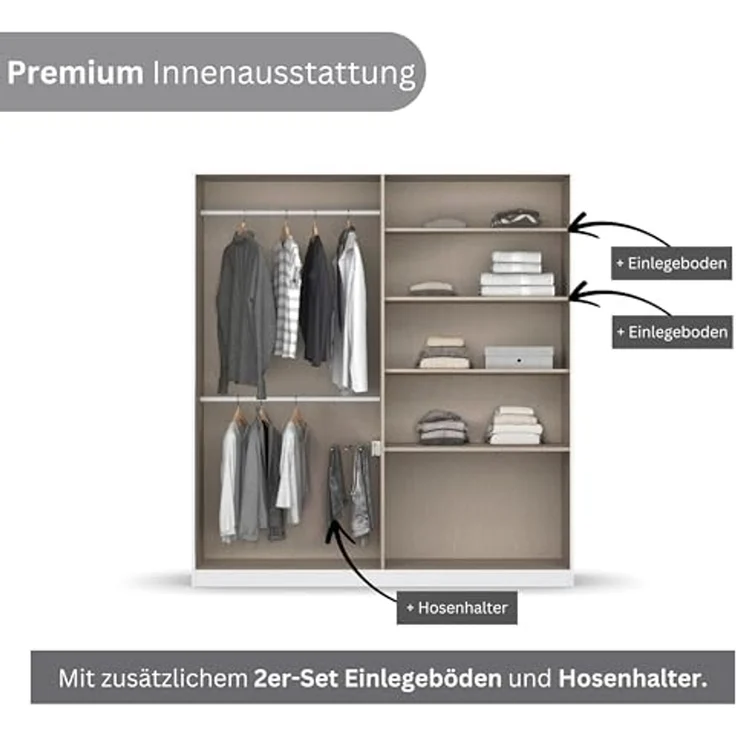 Rauch Möbel Costa, Kleiderschrank für Schlafzimmer, Kinderzimmer, Babyzimmer, Garderobe, 4-türig, Spiegel, 2 Schubladen, Push-to-Open, Zubehör Premium, Farbe Beige, Breite 181 cm – Bild 6