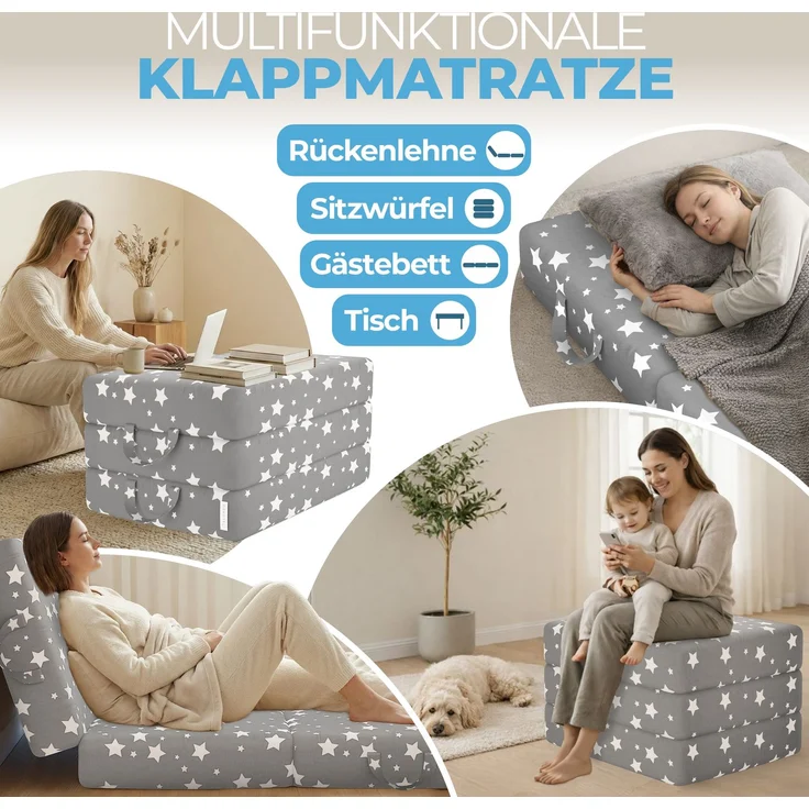 ELONEO Klappmatratze, Gästematratze, 3-teilige Faltmatratze, Schaumstoff extra dick (15cm), waschbar, Bandscheibenwürfel, klappbar, Faltbare Matratze, Erwachsene (Sterne, 90 x 200 x 15 cm) – Bild 3