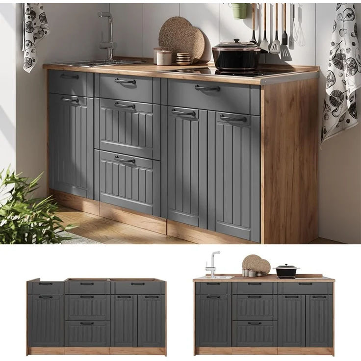 Küchenblock Fame-Line Dunkelgrau 150 cm, AP Eiche Vicco – Bild 7