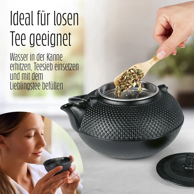 Lumaland Teeservice Set 12-teilig, 1,4 Liter Gusseiserne Teekanne Tetsubin (12-tlg), Bambus/Gusseisen/Edelstahl, Stövchen aus Gusseisen, 4 Teebecher & 4 Untersetzer uvm. – Bild 5