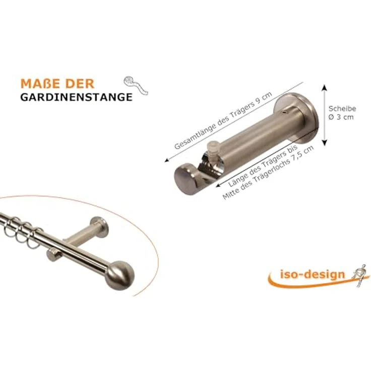 iso-design Gardinenstange Farbe Edelstahl Wandmontage 16 mm Endstück Kugel, Ø 16 mm, 1-läufig, Fixmaß, Metall, Rohr aus Edelstahl – Bild 6