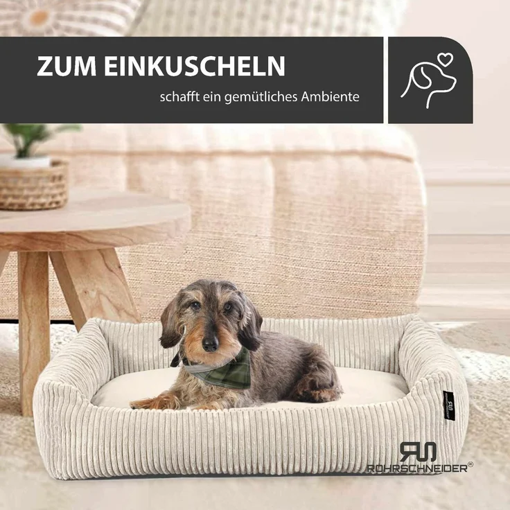 ROHRSCHNEIDER Hundebett - Cord, Hundekorb, Tierbett, Wendekissen, Bezug waschbar, rutschfest Beige 15x70x49cm – Bild 7