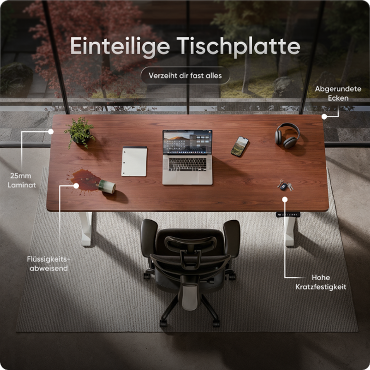 DESKSPACE Höhenverstellbarer Schreibtisch elektrisch mit leisem Dual-Motor – stabiles 4-Bein-Gestell (Weiß Gestell, Mahagoni Tischplatte, 160×80 cm) – Bild 8