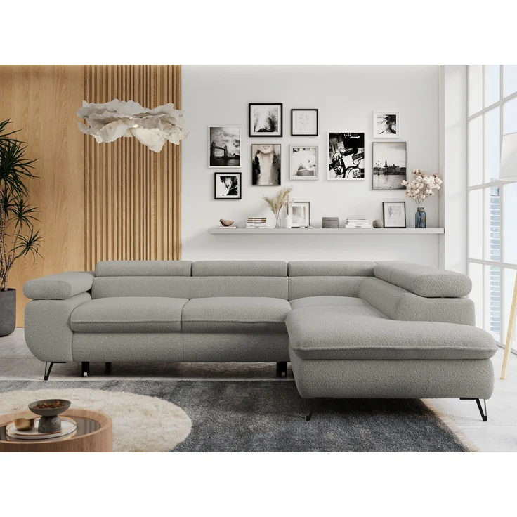 Mks Möbel 'Peter L-form' Ecksofa mit Bettfunktion, Bettkasten & einstellbaren Kopfstützen, Hellgrau, Boucle, mit Topper, rechts – Bild 4