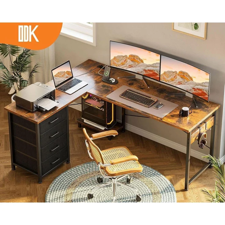 Eckschreibtisch L Form mit Schubladen und USB-Anschluss Vintage-Braun – Bild 1