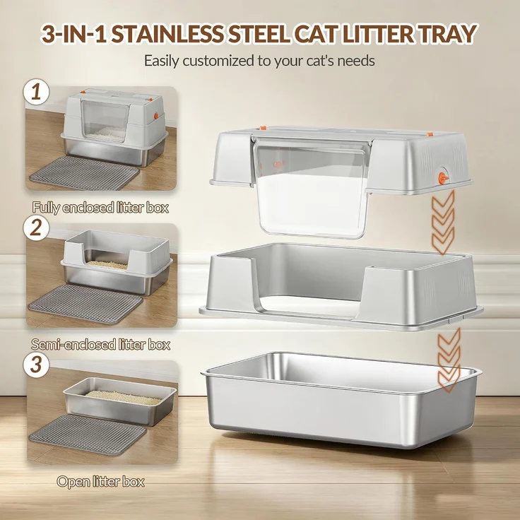 Edelstahl Katzenklo mit Deckel XL, 58 x 37 x 36,5 cm, Hellgrau, Geschlossene Metall Katzentoilette, 100° klappbarer Deckel, mit Streu-Siebmatte und Schaufel, Modulares Design – Bild 6