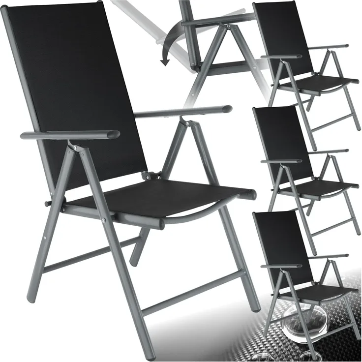 tectake® Aluminium Gartenstuhl 4er Set, Klappstuhl mit 7-Fach Verstellbarer Rückenlehne, Hochlehner mit Armlehnen, Gartenmöbel Set mit 4 Stühlen, für Garten Balkon Terrasse Camping, anthrazit