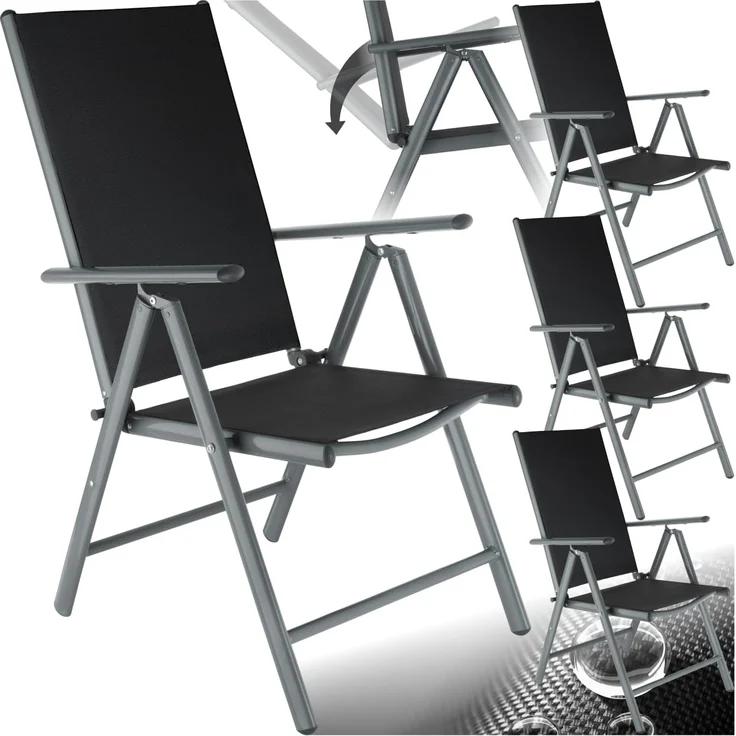 tectake® Aluminium Gartenstuhl 4er Set, Klappstuhl mit 7-Fach Verstellbarer Rückenlehne, Hochlehner mit Armlehnen, Gartenmöbel Set mit 4 Stühlen, für Garten Balkon Terrasse Camping, anthrazit