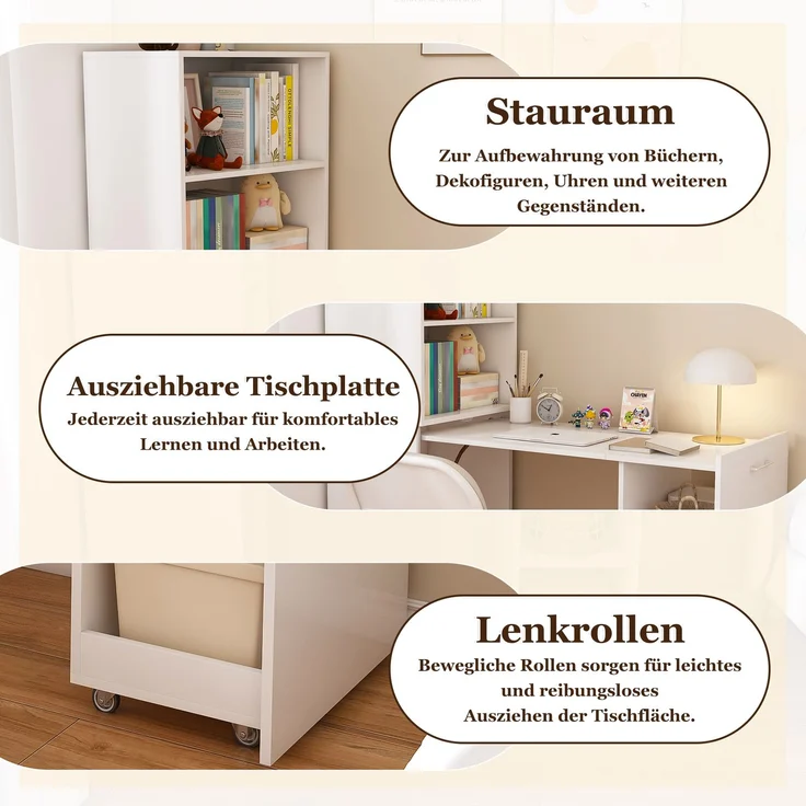Schreibtisch-Kombischrank in Weiß mit ausziehbarer Tischplatte und verstellbaren Ablagen,136x126x55 cm – Bild 7