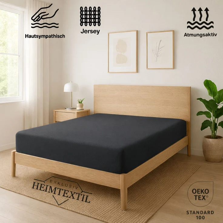 EXKLUSIV HEIMTEXTIL Jersey Spannbettlaken Premium 160 x 200 cm Anthrazit 100% Baumwolle Öko - Tex Zertifiziert Bed-Sheet Bettlaken Spannbetttuch Topper Leinentuch – Bild 2