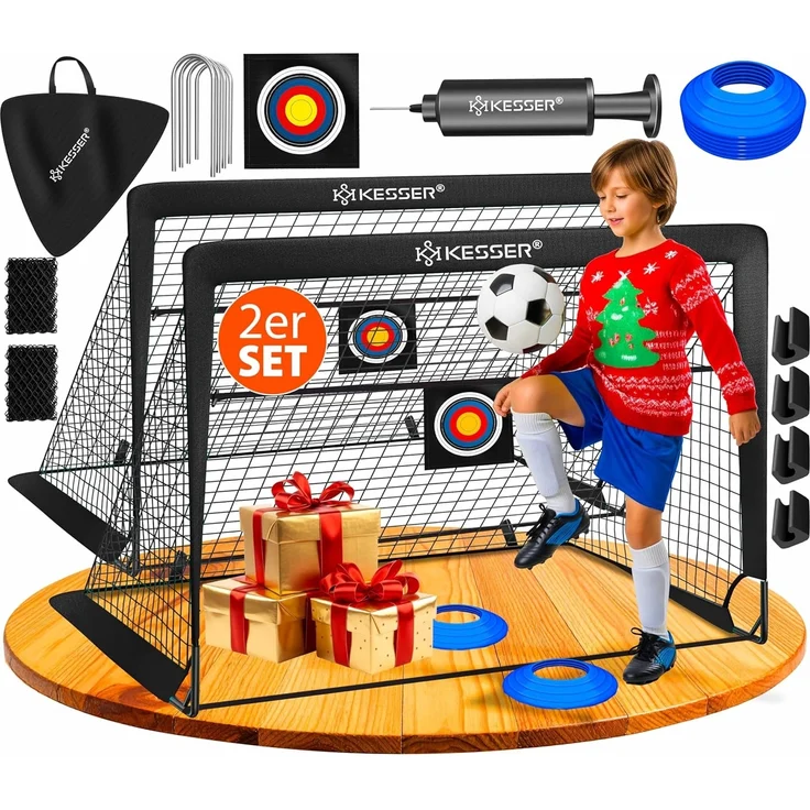 KESSER Pop-Up Fußballtor, 2er Set, mit Transporttasche, 6x Hütchen, Ballpumpe & Zielscheibe, Glasfaserstangen, 120x90 cm, Schwarz – Bild 1