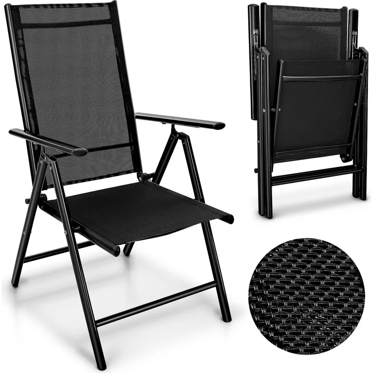 tillvex Gartenstuhl Schwarz klappbar aus Aluminium | Hochlehner mit Armlehnen | Klappstuhl verstellbar | Klappsessel Balkon Garten Terrasse – Bild 1