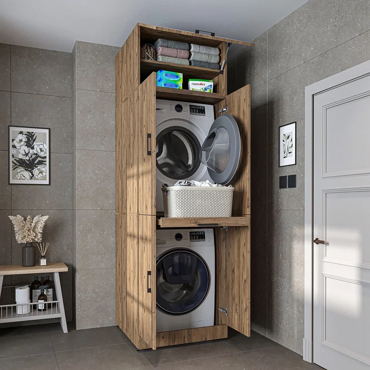 Roomart Waschmaschinenschrank DORA-I- Waschmaschinen- & Trocknerschrank mit Türen & Ausziehbrett – Waschküchenschrank für Waschmaschine & Trockner • Eiche – Bild 1