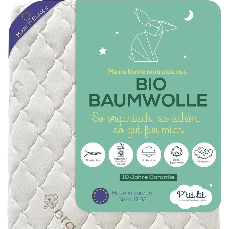 P'tit Lit - Babymatratze aus Bio-Baumwolle | 70x140 cm | 100 % Baumwolle: Natürliches Material pflanzlichen Ursprungs | Ohne chemische Behandlung | Abnehmbar | OekoTex® | | Dicke bis zu 10 cm – Bild 1