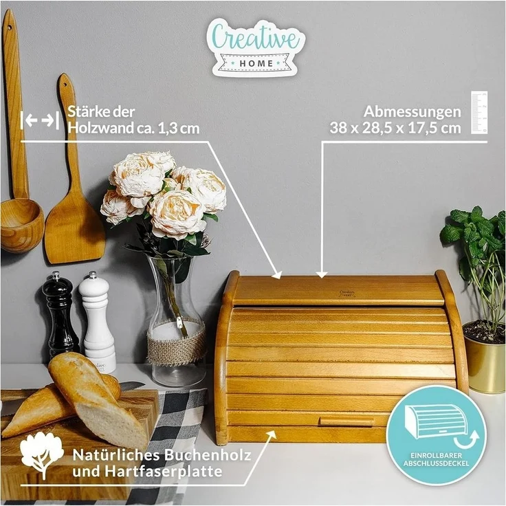 Creative Home Brotkasten Holz 38 x 28,5 x 17,5 cm Brotkiste mit Rolldeckel Brotbox – Bild 3