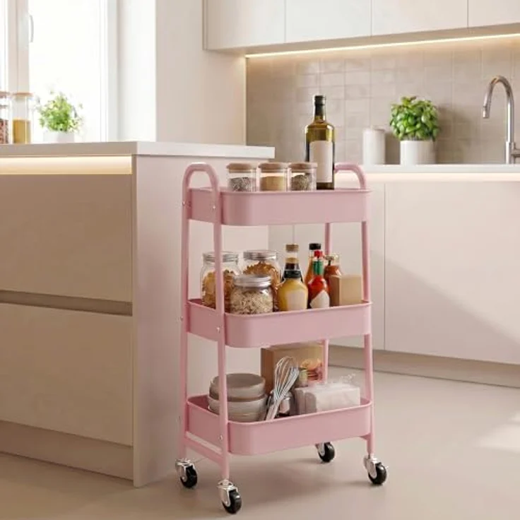 DOEWORKS Rollwagen Metall Servierwagen mit Rollen 3 Etagen Küchenwagen Bastelwagen Rollwagen Küche Aufbewahrungswagen für Wohnzimmer Schlafzimmer Badezimmer Büro, Rosa – Bild 6
